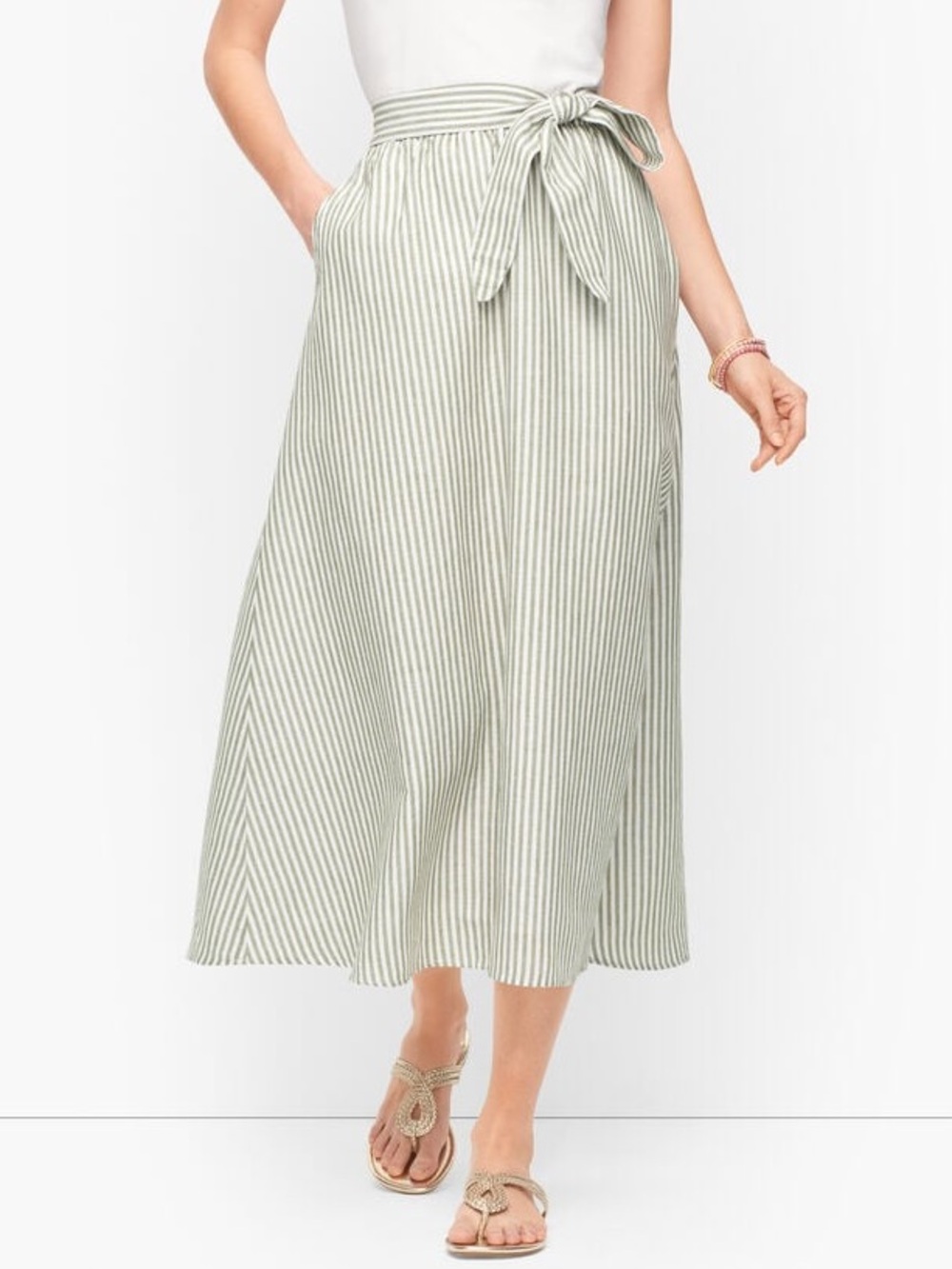 Talbots Linen Green and White Midi A-Line Skirt with Tie Front Size Medium